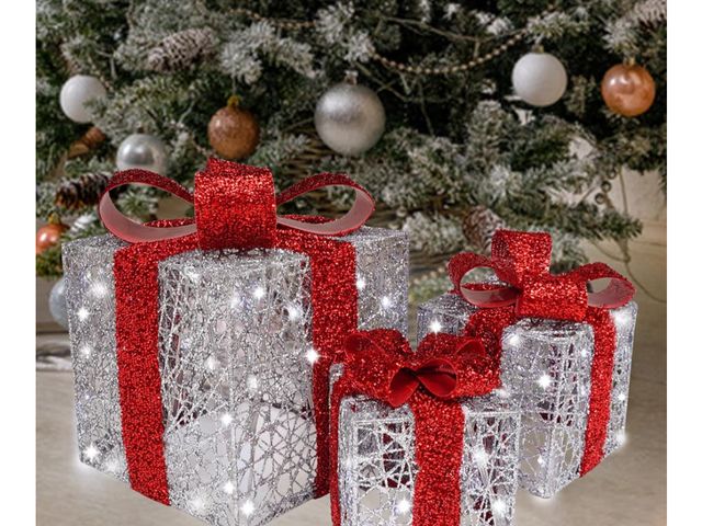 Lot 96-191088 - Lighted Gift Box Set of 3, Silver Boxes with Red Bow, Prelit 60 White Lights Present Boxes Lighted D...