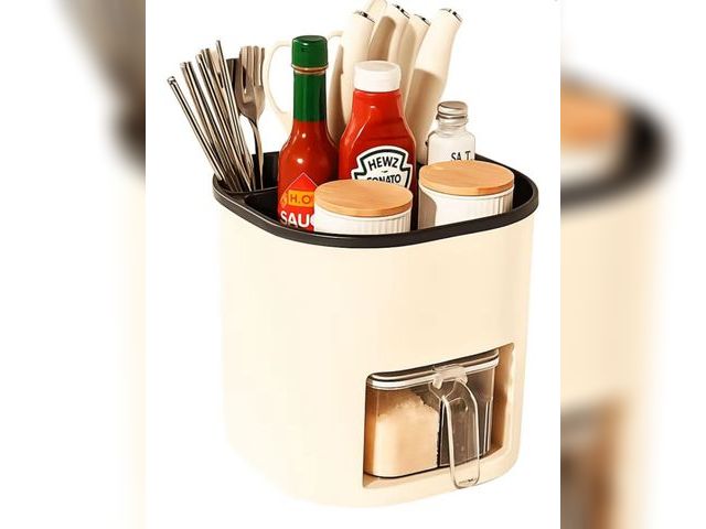 Lot 96-178053 - Rotating Utensil Holder for Kitchen Counter – Seasoning Organizer with 4 Spice Containers, Cutlery H...