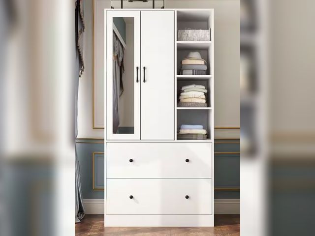 Lot 96-158282 - FUFU&amp;GAGA
White Wood 35.5 in. W Armoires Wardrobe With Mirror, Pulling Hanging Rod, Drawers, She...