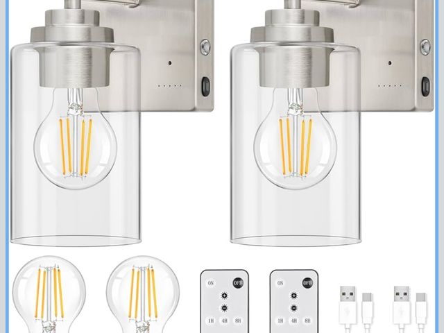 Lot 96-188268 - Rechargeable Wall Sconces, Dimmable Battery Operated LED Wall Lights Set of Two with Remote, E26 Bas...