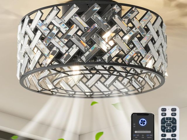 Lot 96-171069 - 18 Inch Caged Ceiling Fan with Light, Low Profile Crystal Fandelier Ceiling Fan with Remote &amp; Ap...