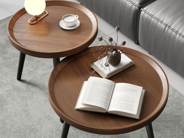 Lot 96-181362 - 2 PCS Small Round Coffee Table Set, Mid Century Modern Coffee Tables for Living Room, Walnut Nesting...