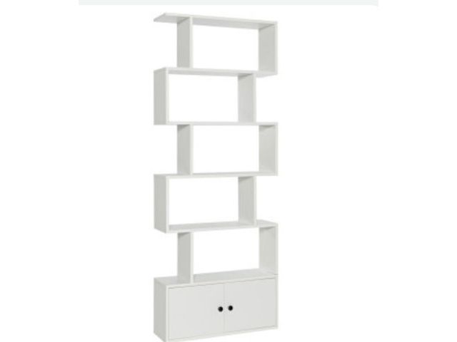 Lot 96-192298 - 6- Tier S-Shaped Freestanding
Bookshelf with Cabinet and Doors New