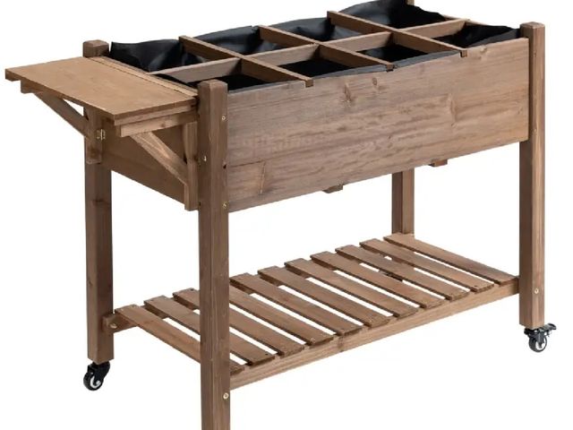 Lot 96-160182 - Outsunny Wooden Garden Box, 34.25H with 8 Pockets and Lockable Wheels, Foldable Side Clapboard, Elev...