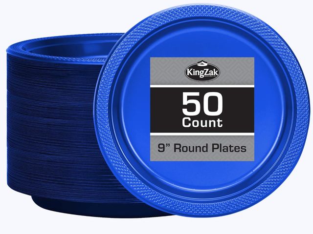 Lot 96-187869 - Blue Plastic Plates 9 Inch - 50 count - Plastic Solid Round Party Plates For Weddings, BBQs, Birthda...