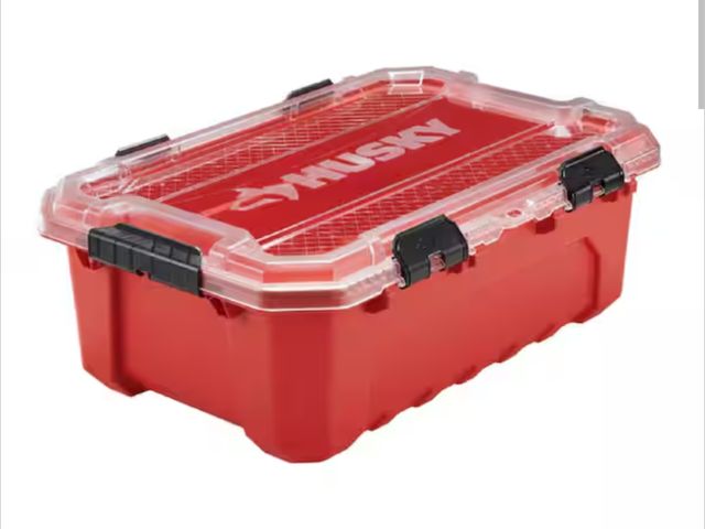 Lot 96-162711 - Husky 
12-Gal. Professional Heavy Duty Waterproof Stackable Plastic Storage Container with Hinged Li...