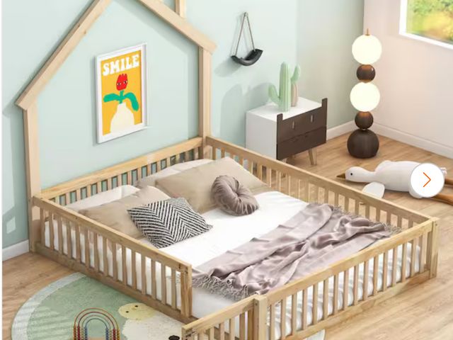 Lot 96-172698 - Harper &amp; Bright Designs
Natural Wood Frame Full Size House Floor Bed with Roof Design, Slats, Do...