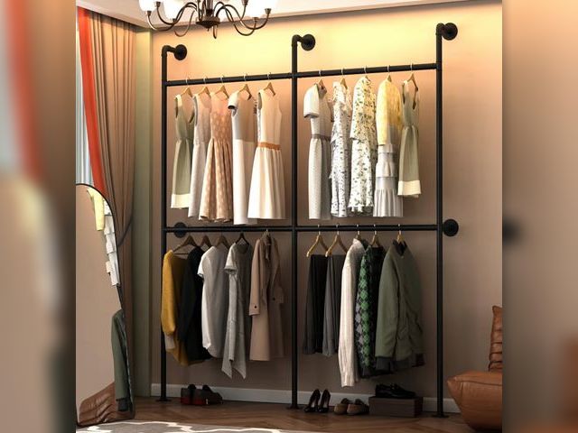 Lot 96-179593 - Industrial Pipe Clothing Racks Wall Mounted, Rustic Black Industrial Pipe Clothes Rack Design - Styl...