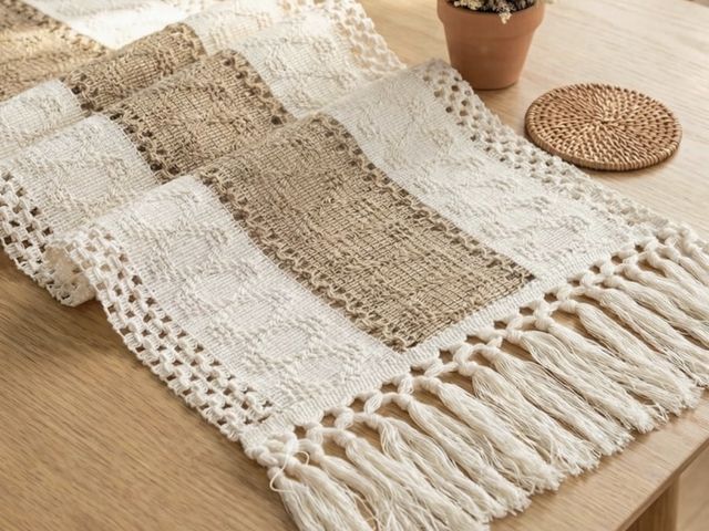 Lot 96-232785 - Teddy Run Boho Table Runner, Farmhouse Macrame Bicolor Table Runner For Summer Home Decor, Rustic Wo...