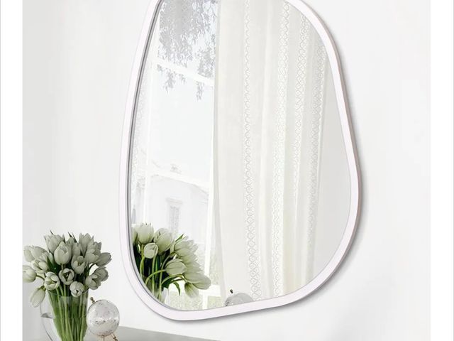 Lot 96-163692 - White Irregular Oval Wall Mirror Large 26"x18" Inches Asymmetrical Mirror Modern Wood Frame Unique S...