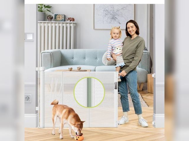 Lot 96-164321 - Reinforced 55" Wide Retractable Baby Gate Outdoor Retractable Gate with Reinforced Bar Mesh Baby Gat...