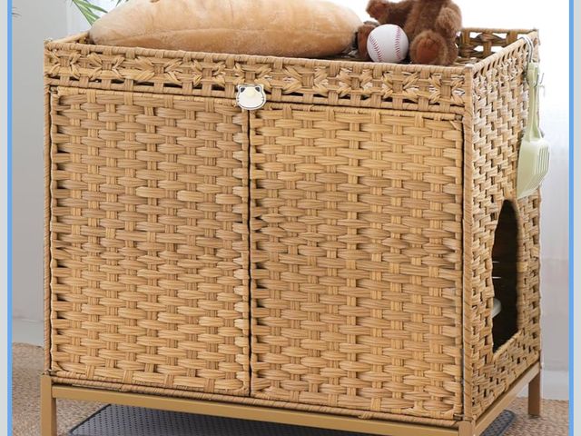 Lot 96-181075 - Cat Litter Box Enclosure; Cat Litter Box Enclosure Furniture with Cat Litter Mat;Handwoven Rattan Ca...