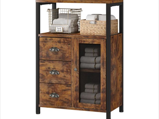 Lot 96-181296 - Homeiju Bathroom Floor Storage Cabinet Organizer with 3 Removable Drawers and 1 Door, Industrial Flo...