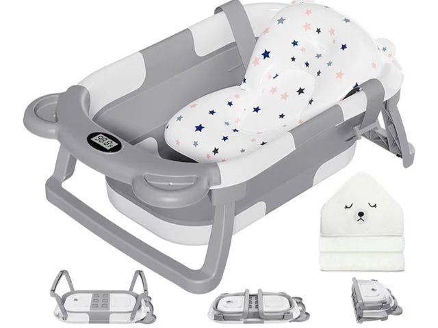 Lot 96-180554 - MoreFeel Collapsible Baby Bathtub for Newborn with Thermometer &amp; 1 Hooded Towel &amp; 1 Soft Flo...