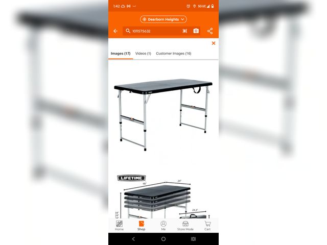 Lot 96-191460 - Lifetime
4 ft. One Hand Adjustable Height Fold-in-Half Resin Table; Black
New