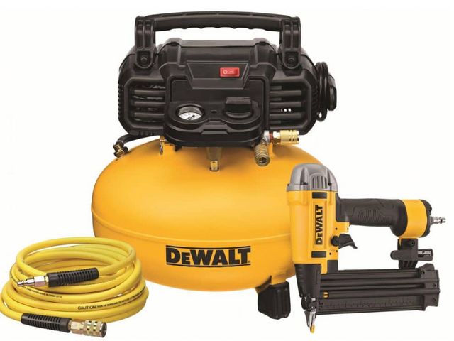 Lot 96-188937 - DEWALT 6 Gal. 165 PSI18-Gauge Brad
Nailer and Heavy-Duty Pancake Electric Air Compressor Combo Kit M...