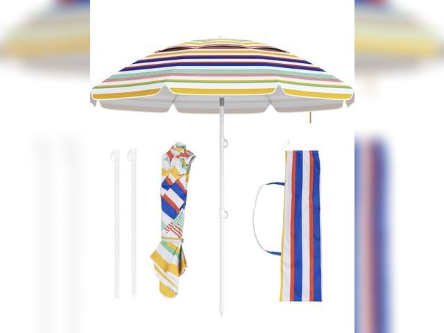 Lot 96-227614 - 6.5 FT Beach Umbrella, Outdoor Umbrella Sun Shelter with 30° Adjustable Tilt, UPF 50+ Sun Protection...