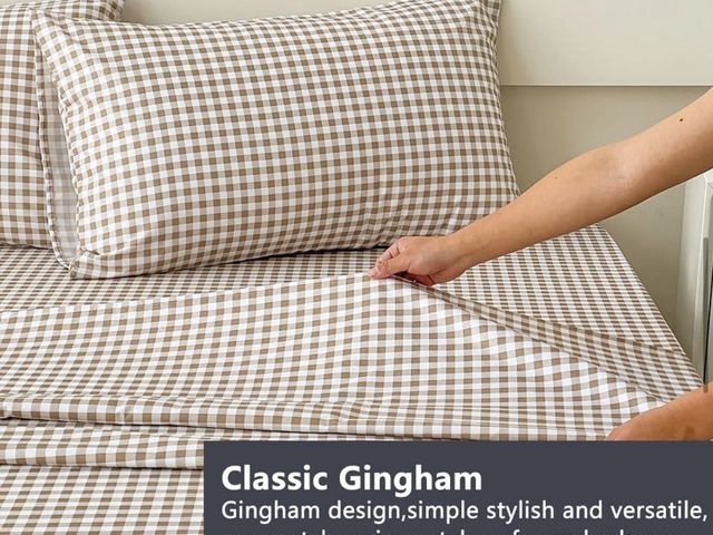 Lot 96-230565 - Tan Gingham Queen Sheet Set, Soft Microfiber Plaid Bed Sheets, 4-Piece Brown Grid Set with Deep Pock...