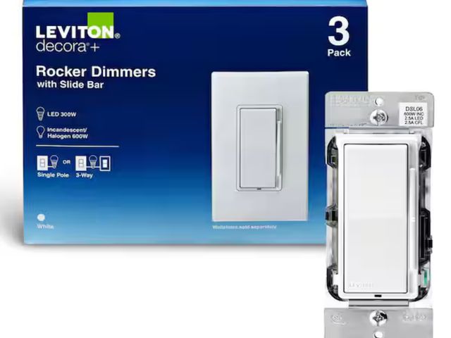 Lot 96-162379 - Leviton Decora 600-Watt Single-Pole/3-Way Universal Rocker Slide Dimmer, White (3-Pack) DSL06-3PW
Ne...