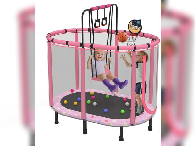 Lot 96-177471 - 60" Kids Trampoline with Swing, Horizontal Bar, SEGMART 4-in-1 Oval Toddler Trampoline with Enclosur...