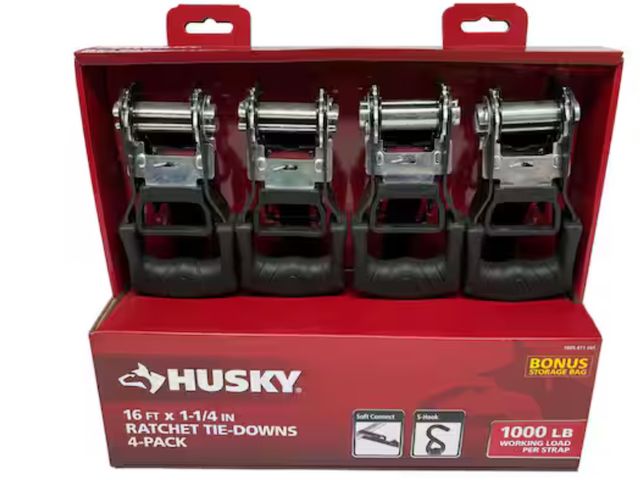 Lot 96-174009 - Husky 16 ft. 1.25 in. Ratchet Tie-Down Straps with S-Hook (4-Pack)
New