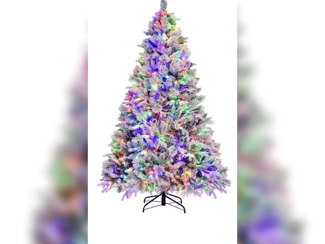 Lot 96-197316 - Costway 7 FT Pre-Lit Snow Flocked Christmas Tree Hinged Xmas Tree with 8 Modes 320 Lights New