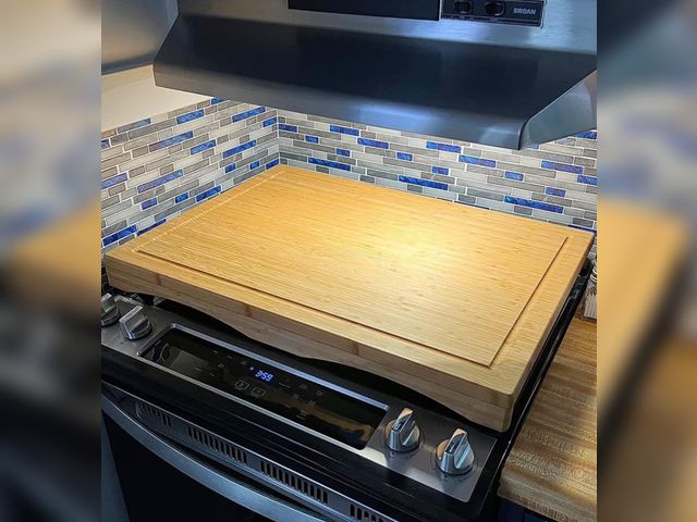 Lot 96-180277 - Stove Cover Board for Gas Stovetop - Raised Cutting Board with Legs and Juice Grooves, Adjustable No...