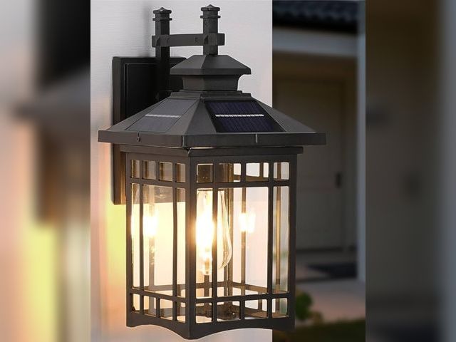 Lot 96-166276 - 16-inch Matte Black Solar Outdoor Wall Light - Dusk to Dawn Waterproof Exterior Lighting with Water ...