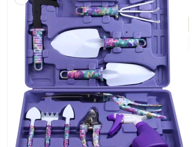 Lot 96-230705 - 10 Pieces Gardening Tools with Purple Floral Print, Ergonomic Handle Trowel Rake Weeder Pruner Shear...