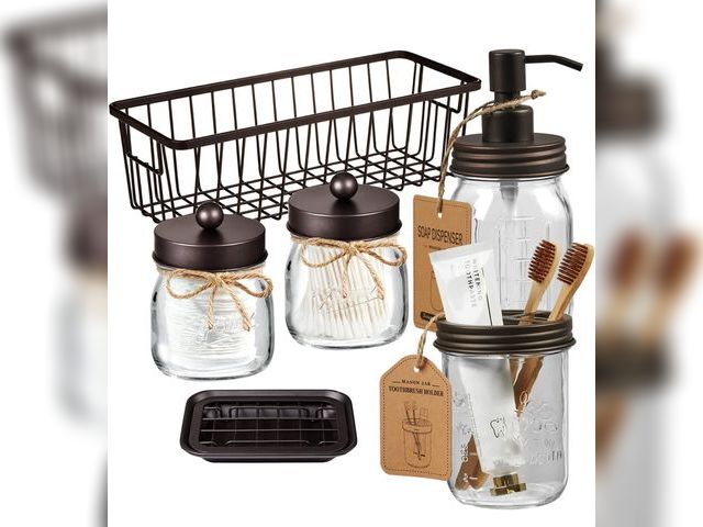 Lot 96-171056 - SheeChung 6Pcs Mason Jars Bathroom Accessories Set Complete - Toothbrush Holder, Lotion Soap Dispens...