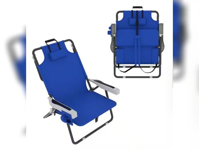 Lot 96-169530 - 5-Position Adjustable Backpack Beach Chair Folding Lounge Chair with Pillow and Storage Bag, Dark Bl...