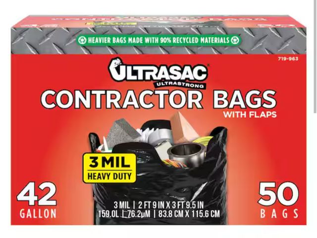 Lot 96-179178 - Ultrasac 42-Gallon Heavy Duty Contractor Bag with Flaps (50-Count) New
