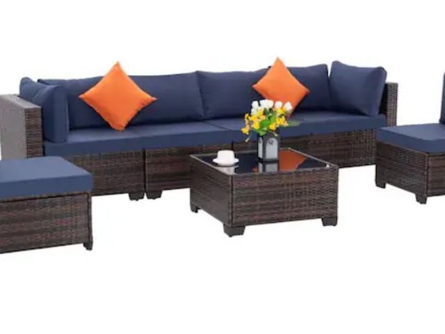 Lot 96-161275 - MIRAFIT
Gray 7-Piece Wicker Outdoor Sectional Set with Cushionguard Beige Cushions, 6-Sofas and 1-Bi...
