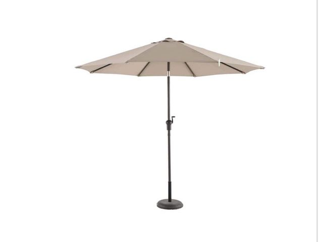 Lot 96-162897 - Hampton Bay 9 ft. Aluminum Market Crank and Tilt Patio Umbrella in
Riverbed Tan Appears Unused