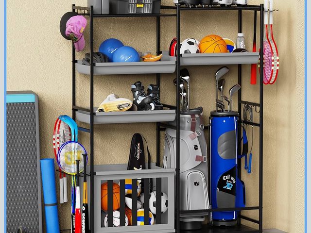Lot 96-175279 - Garage Sports Equipment Organizer, Large Sports Storage Rack Fits 2 Golf Bags and Other Sports Equip...