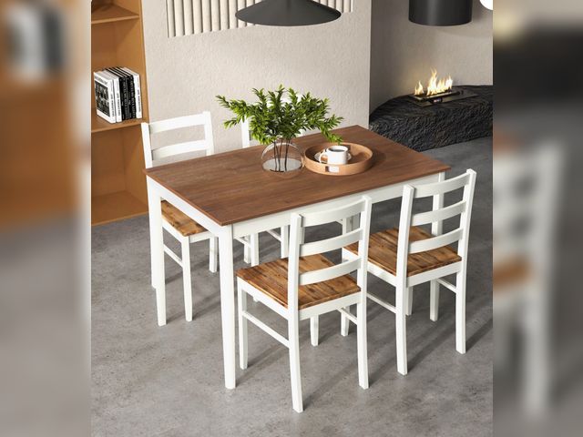 Lot 96-197746 - Costway 5-Piece Dining Table Set for 4 Wood Kitchen Table &amp; 4 Chairs w/ Rubber Wood Legs
New
Msr...