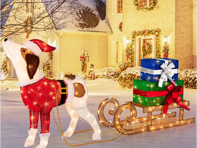 Lot 96-197650 - Costway Pre-Lit Christmas Dog Sleigh &amp; Gift Boxes Combo Xmas Decoration with 170 Lights
Open box...