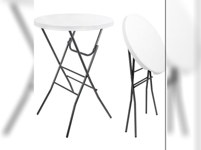 Lot 96-187890 - Cocktail Table 28in Portable Folding Bar Height Table, Compact Round High Top Plastic &amp; Steel Bi...