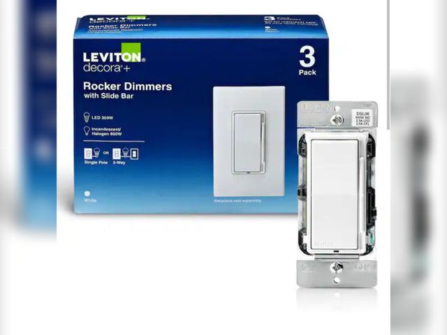Lot 96-180087 - Leviton Decora 600-Watt Single-Pole/3-Way Universal Rocker Slide Dimmer, White (3-Pack) DSL06-3PW Ne...