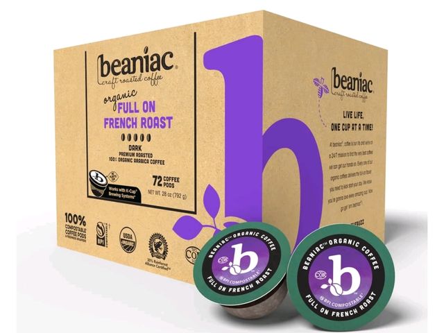 Lot 96-232403 - Beaniac Organic Full On French Roast Dark Roast Single Serve Compostable K-Cup Coffee Pods, 72 Count...