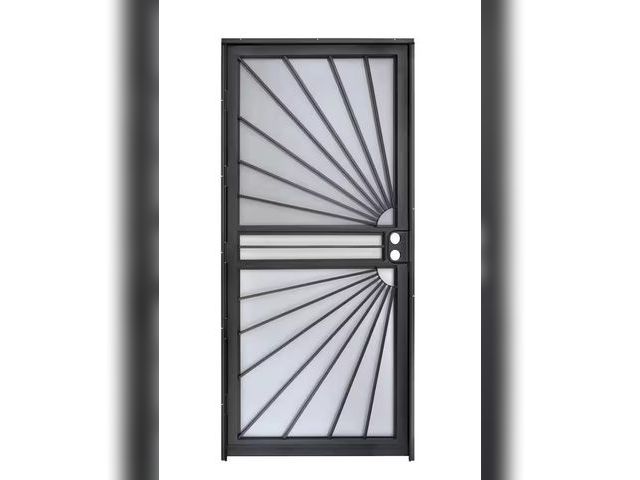 Lot 96-183639 - 32 in. x 80 in. 469 Series Black Prehung Universal Hinge Outswing Sunburst Security Door MSRP $397 N...