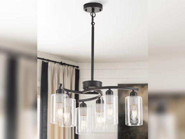 Lot 96-178671 - Black Modern Farmhouse Chandelier,6 Light Dining Room Light Fixtures Over Table,Adjustable Height In...
