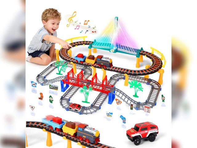 Lot 96-190973 - 2 in 1 DIY Tracks Electric Train Set Toy for Kids Ages 4-8, Train Tracks Set &amp; Car Tracks, Light...