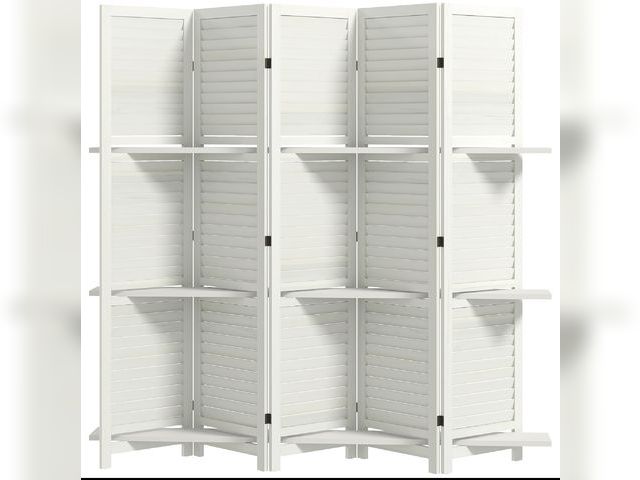 Lot 96-159491 - HOMCOM 5 Panel 67" Tall Wood Privacy Screen Room Divider with 3 Shelves and Folding Storage for Bedr...