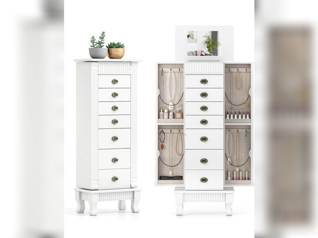 Lot 96-192601 - Giantex Standing Jewelry Cabinet with 7 Drawers, Flip-Top Mirror, 2 Side Doors with 12 Necklace Hook...