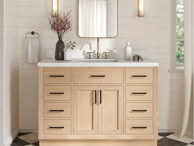 Lot 96-212111 - ARIEL
Hepburn 48 in. Single Sink Freestanding Bathroom Vanity in Oak with Carrara White Quartz Top
N...