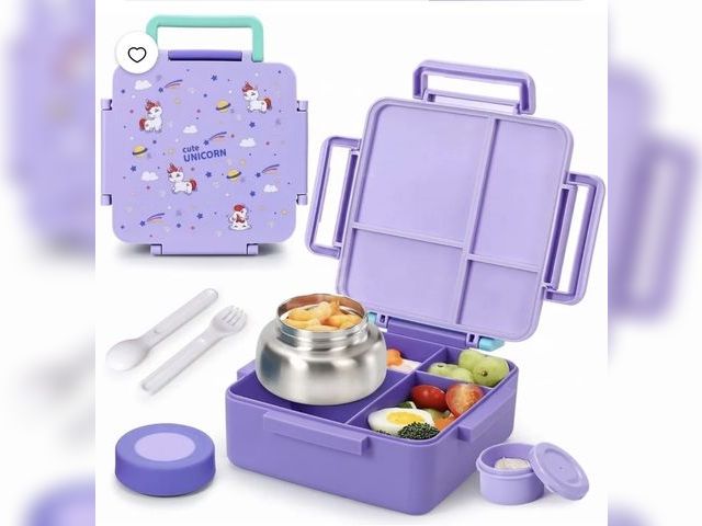 Lot 96-230662 - MEHOOM Kids Lunch Box, Leakproof Bento Box for kids with 4 Compartments &amp; 18oz Soup Thermos for ...