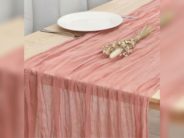 Lot 96-193550 - Box of Fixwal 3 Pack Dusty Pink Cheesecloth Table Runners, 35x120 Inch Pleated Boho Gauze Table Runn...