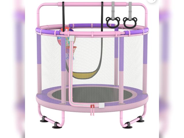 Lot 96-176314 - LANGXUN 60" Trampoline for Kids, 5ft Toddler Mini 6-in-1 Trampoline Indoor Outdoor with Swing, Baske...