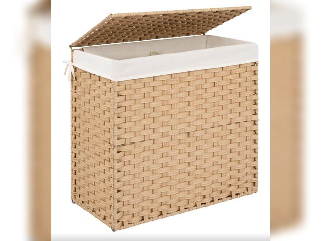 Lot 96-187763 - StorageWorks 130L Wicker Laundry Hamper with Lid, 2 Section Wicker Laundry Basket, Large Basket for ...
